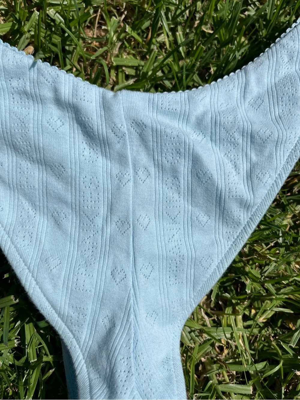 Frankie’s Bikinis Katarina Pointelle Bikini Bottom L Blue Scalloped Trim Cheeky